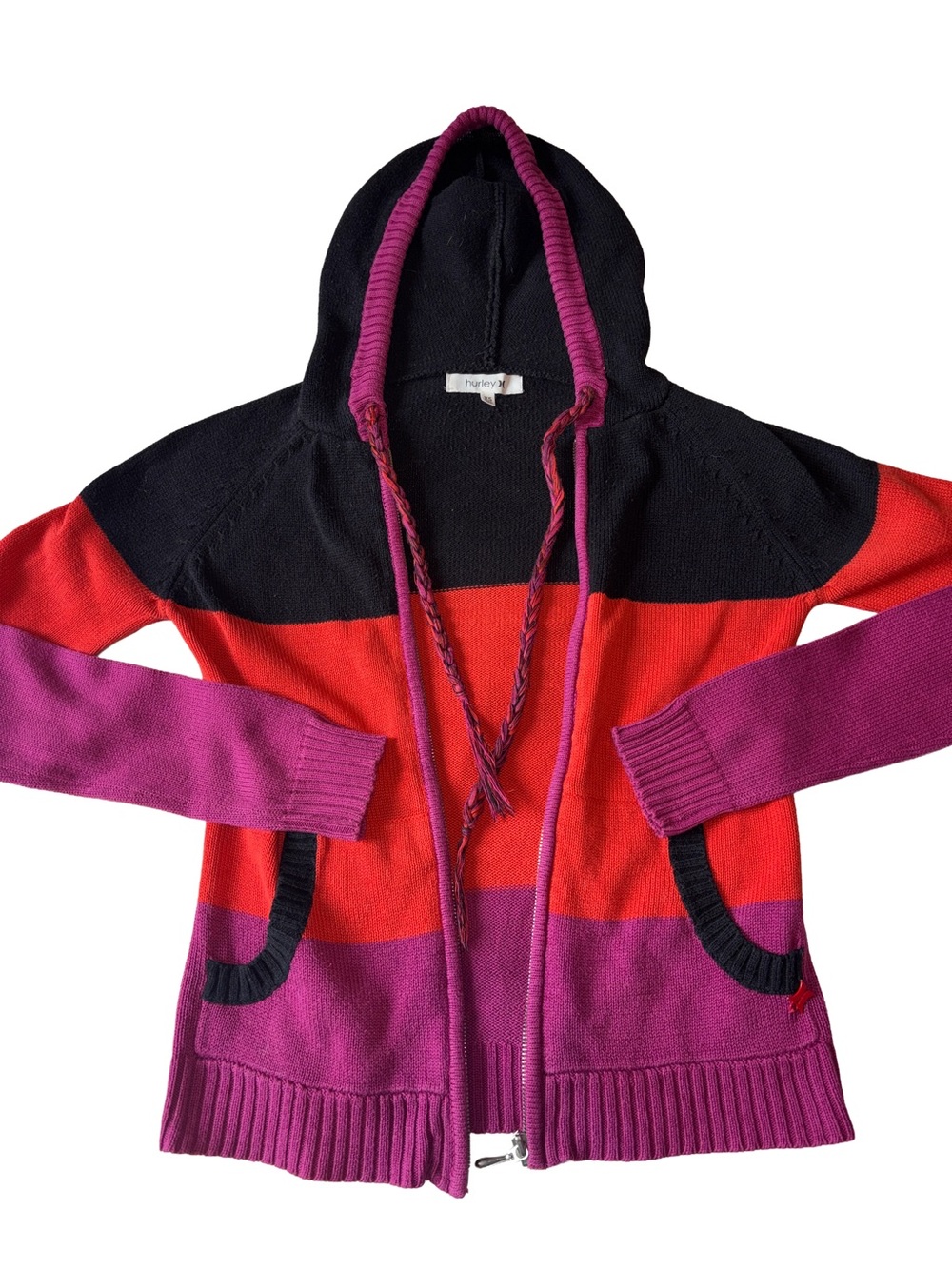 Hurley Striped Hooded Sweater jacket striped in Black, Red & Purple y2k stripes